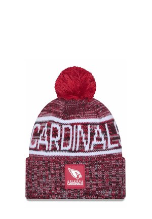 Berretto lavorato a maglia rosso con la scritta bianca "CARDINALS", un pompon rosso sulla parte superiore e una toppa con logo frontale decorata con un motivo testurizzato.