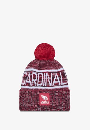 Red knit beanie featuring a white “CARDINALS” text, a red pom-pom on top, and a logo patch at the front with a textured pattern.