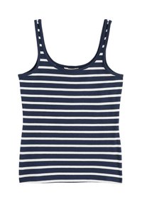 Mörkblå ärmlös tröja med vita horisontella ränder, tillverkad av mjukt tyg. Har tunna axelband och en rundad halsringning, med en figurnära passform.