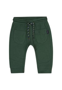 Pantalons de survêtement en coton vert avec un waistband à cordon de serrage, deux poches avant et des poignets côtelés. Présente des accents de cordon de serrage multicolores.