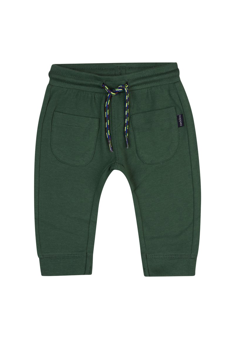 Pantalons de survêtement en coton vert avec un waistband à cordon de serrage, deux poches avant et des poignets côtelés. Présente des accents de cordon de serrage multicolores.