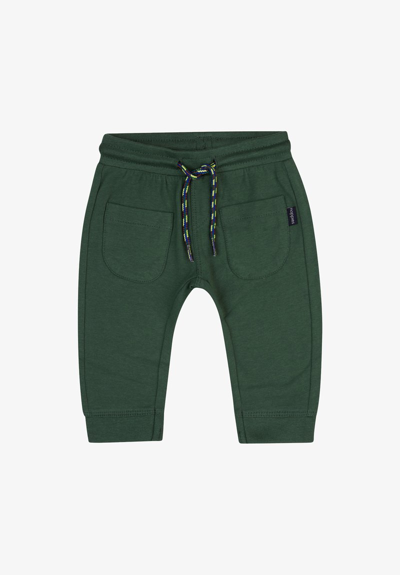 Pantalons de survêtement en coton vert avec un waistband à cordon de serrage, deux poches avant et des poignets côtelés. Présente des accents de cordon de serrage multicolores.