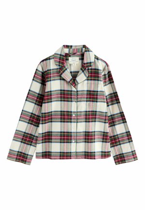 Camicia a quadri con bottoni caratterizzata da una miscela di colori rosso, verde, blu e crema, con colletto e maniche lunghe. Materiale in cotone.