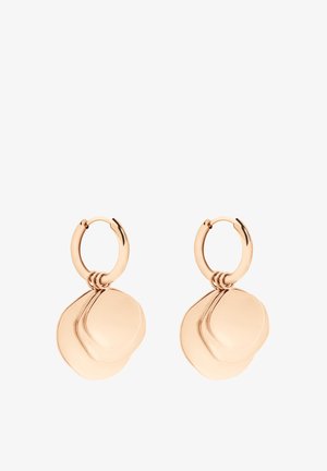 Øreringe i rosaguld med hoop-design, der har to lag af runde skiver med en glat overflade. Designet er minimalistisk med en poleret finish.