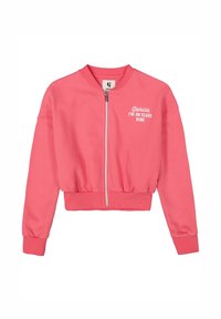 Felpa con zip rosa, con polsini e orlo a coste, che presenta la scritta bianca "Garcia I'M ON CLOUD NINE" sul lato sinistro del petto.