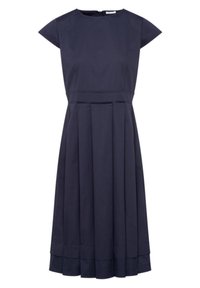 Mörkblå klänning med korta ärmar, rundad halsringning och veckad kjol. Tillverkad av ett slätt tyg med dragkedjestängning i ryggen.
