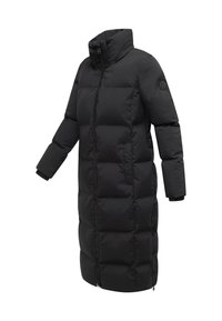 Black puffer coat with high collar, long sleeves, front zipper, and side pockets. Features quilted texture and elastic cuffs.