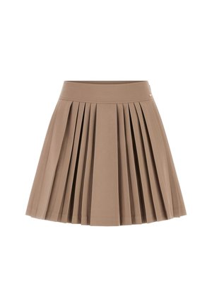 Brauner plissierter Minirock mit breitem Bund, gleichmäßig verteilten scharfen Falten und glatter Stoffstruktur.