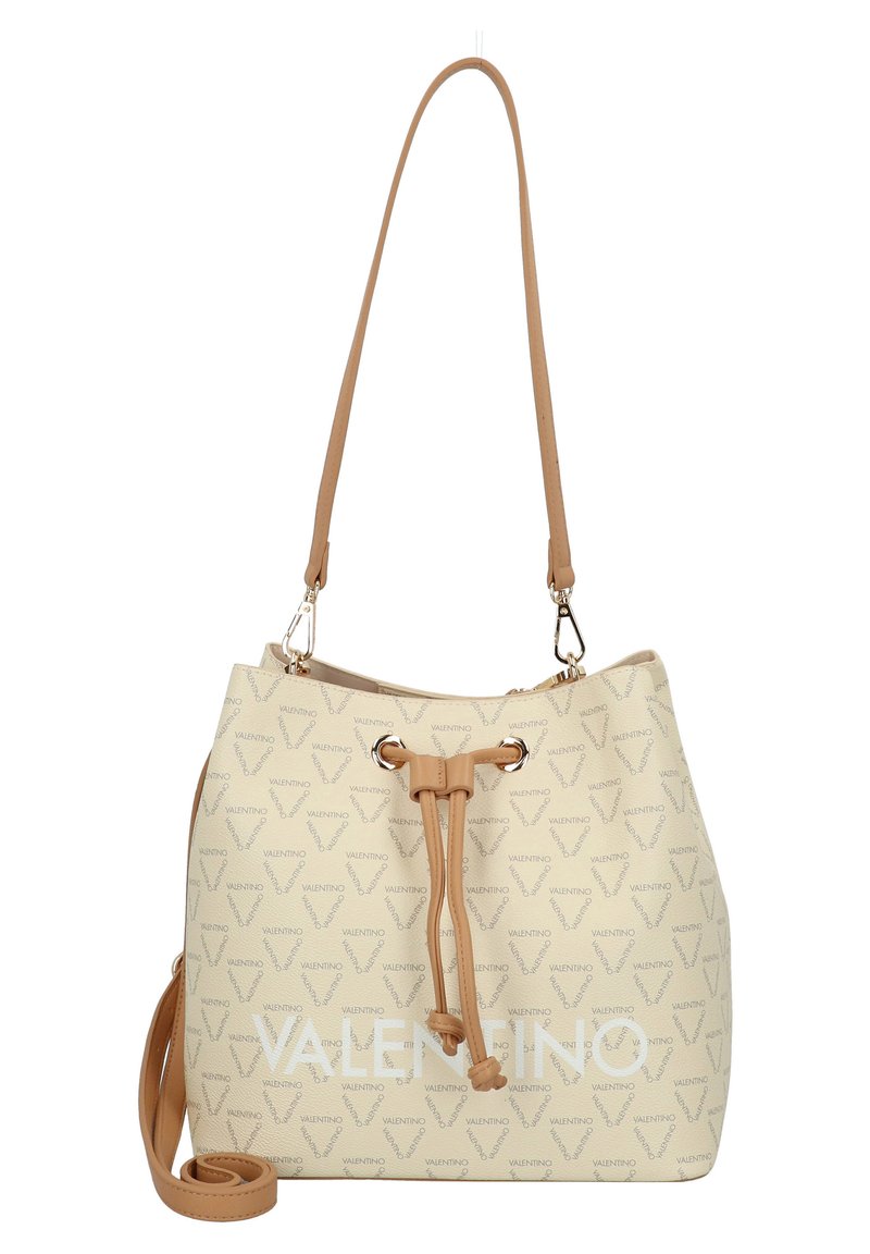 Cremefarbene Bucket Bag mit strukturiertem Muster und Kordelverschluss aus beige-leder. Verfügt über einen langen Schulterriemen und einen Logo-Druck auf der Vorderseite.