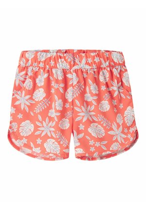 Koraalroze damesshorts met witte tropische bloemenprint en elastische tailleband, voorzien van een afgeronde zoom en een casual zomerstijl.