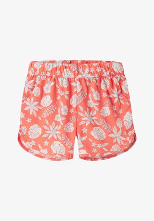 Korallrosa Damenshorts mit weißem tropischem Blumenmuster und elastischem Bund, mit abgerundetem Saum und lässigem Sommerstil.