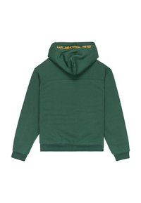 Sudadera con capucha de color verde oscuro, de manga larga, con puños y dobladillo acanalados, y el logo naranja de "Quiksilver" en la parte trasera de la capucha.