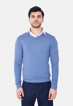 Maglione blu lavorato a maglia con scollo a V, maniche lunghe e polsini a coste. Indossato sopra una camicia bianca con colletto, abbinato a jeans in denim scuri.