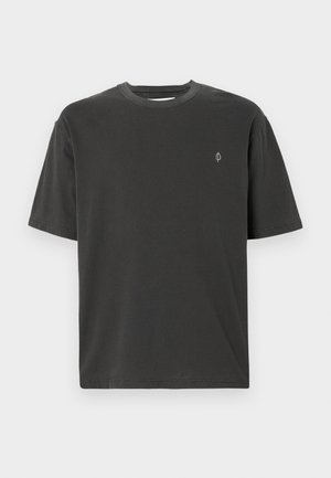 Dark gray cotton t-shirt with a crew neck and short sleeves, featuring a small embroidered logo on the chest. Smooth texture.