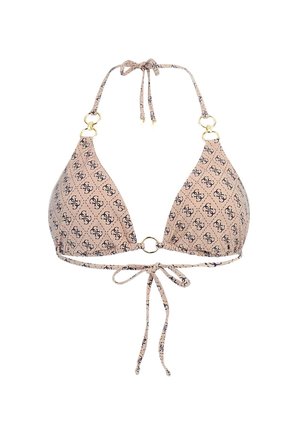 Triangle bikini top in light pink fabric, featuring a repeating dark pattern, adjustable ties, gold-tone hardware, and a central ring detail.