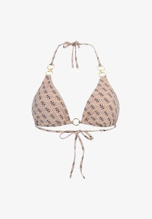 Haut de bikini triangle en tissu rose clair, avec un motif sombre répété, des liens ajustables, des accessoires en métal doré et un détail de bague centrale.