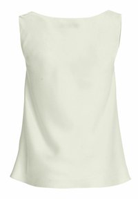 Blouse sans manches beige clair pour femme avec un col rond haut et un tissu ample et fluide.