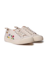 Płócienne sneakersy w odcieniu off-white z haftem kwiatowym w kolorach różowym, niebieskim, żółtym i zielonym. Posiadają metalowe oczka i teksturowaną gumową podeszwę.