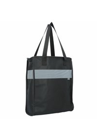 Zwarte tote bag gemaakt van duurzaam materiaal, met een brede grijze horizontale streep, dubbele handvaten en een rechthoekige vorm.