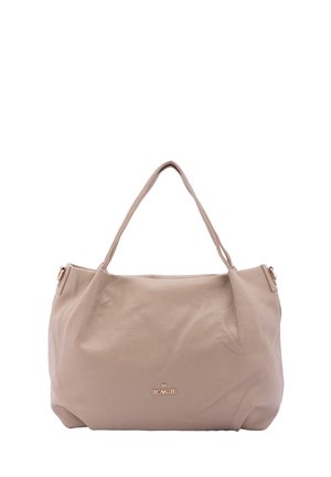 Borsa tote in pelle beige con due manici, superficie testurizzata e hardware in tonalità oro. Presenta un logo sulla parte anteriore e un design morbido.