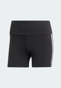 Pantaloni sportivi neri con una cintura ampia, realizzati in tessuto morbido, con strisce bianche sui lati per un contrasto.