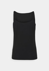 Débardeur noir à encolure dégagée, coupe décontractée, et fines bretelles. Fabriqué en tissu doux et léger.