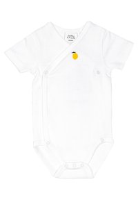 Body corto bianco con maniche corte realizzato in morbido tessuto, con un design a forma di limone ricamato in giallo sopra una chiusura a scatto diagonale.