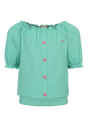 Turquoise blouse met structuur en pofmouwen, gerimpelde halslijn en roze knopen in de vorm van hartjes aan de voorkant.