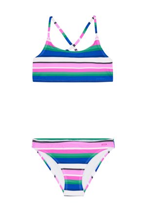 Stribet bikini med en farveskala af blå, grøn, pink og sort. Har en tætsiddende top med krydsende stropper på ryggen og matchende lavtaljede trusser.