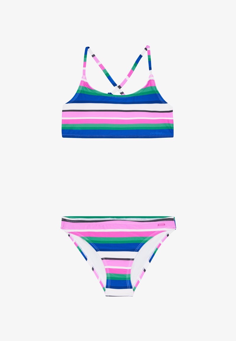 Gestreepte bikini met een blauw, groen, roze en zwarte kleurencombinatie. Beschikt over een fitted top met kruisbandjes aan de achterkant en bijpassende laaghangende slipjes.
