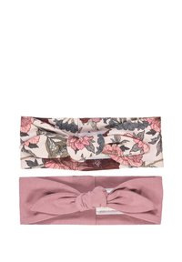 Due fasce per capelli in tessuto: quella superiore con un motivo floreale in rosa e beige, caratterizzata da un design a nodo; quella inferiore in rosa polveroso solido con un nodo attorcigliato.