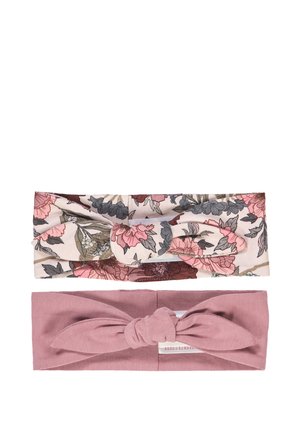 Zwei Stoffhaarreifen: oben mit einem Blumenmuster in Rosa und Beige, mit einem Knoten-Design; unten in einfarbigem, staubigem Rosa mit einem verdrehten Knoten.