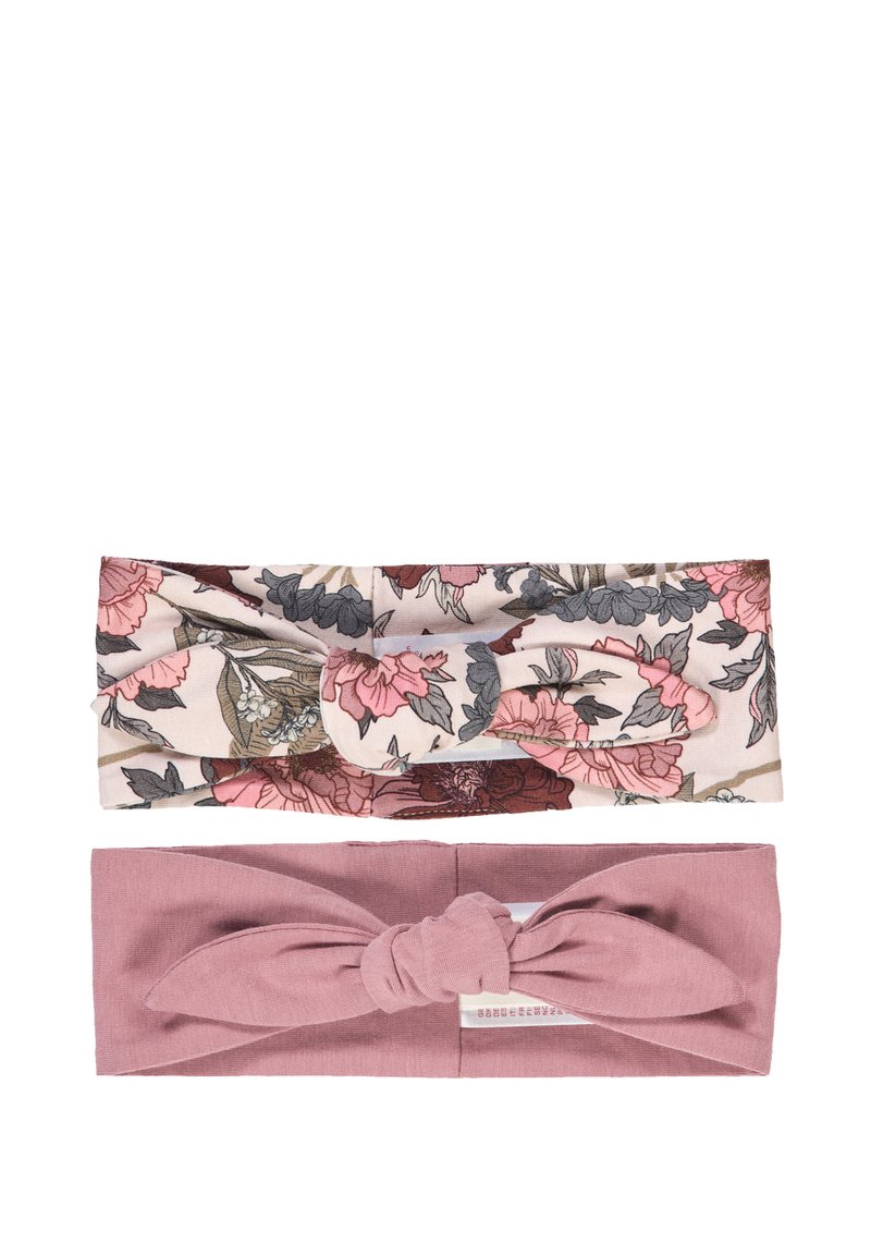 Due fasce per capelli in tessuto: quella superiore con un motivo floreale in rosa e beige, caratterizzata da un design a nodo; quella inferiore in rosa polveroso solido con un nodo attorcigliato.