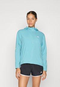 Veste zippée de couleur bleu clair avec capuche, arborant un logo blanc sur la poitrine, portée avec un short noir. Texture lisse et design sportif.