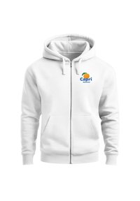 Weißer Reißverschluss-Hoodie mit frontalen Taschen und einem Capri-Logo, das ein oranges und grünes Blatt auf der linken Brust zeigt.