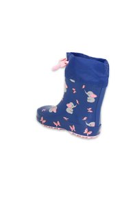 Bottes de pluie en caoutchouc navy avec motifs de papillons et d'éléphants roses, haut resserré avec un cordon rose, semelle texturée rose pour l'adhérence.