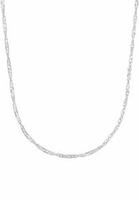 Collana in argento con un design intrecciato, con anelli disposti in un motivo spiralato e testurizzato, che mostra una finitura metallica riflettente.