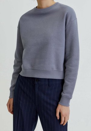 Person iført en grå langærmet crewneck-sweatshirt og marineblå bukser med nålestriber mod en ensfarvet baggrund.