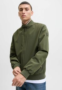 Veste bomber vert olive avec un col montant, fermeture éclair à l'avant, poignets et ourlet côtelés. Présente un logo sur la manche gauche et des accents de couleur subtils.