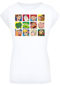 White short-sleeve t-shirt featuring a grid of colorful cartoon character faces on the front, including various shapes and expressions.