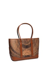 Borsa a tracolla marrone con motivo a bussola, dotata di manici in pelle liscia e tessuto stampato, forma strutturata e dettagli di cucitura a contrasto.