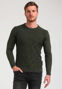Maglione verde lavorato a maglia con un motivo a zigzag testurizzato, scollo rotondo e polsini a costine. Indossato con jeans scuri, caratterizzati da una vestibilità rilassata.