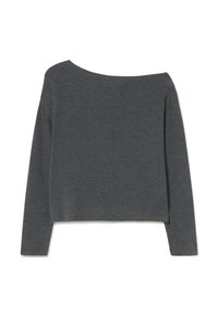 Dark gray long-sleeve top made of soft fabric, featuring a wide neckline and a cropped hem. No visible patterns or hardware details.