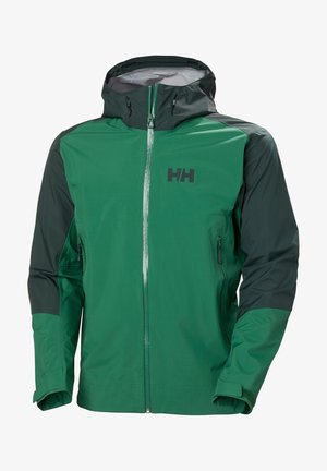 Chaqueta impermeable verde con capucha, con detalles en verde oscuro y cremallera frontal. Incluye un logo en el pecho y puños ajustables.