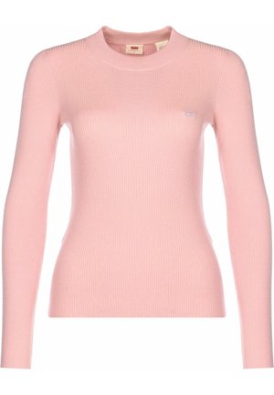 Pull en maille côtelée rose clair à manches longues avec col rond et petit logo sur la poitrine gauche, silhouette ajustée.