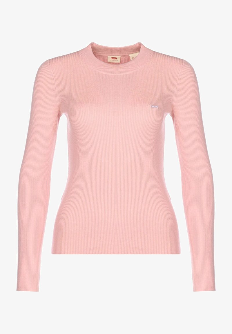 Pull en maille côtelée rose clair à manches longues avec col rond et petit logo sur la poitrine gauche, silhouette ajustée.
