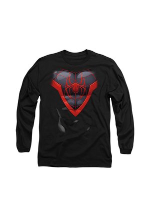 Schwarzes Langarmshirt mit einer Grafik eines roten und schwarzen Spider-Man-Emblems und einem teilweisen Gesichtsmasken-Design auf der Brust.