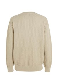Beiger Pullover mit Struktur im Wabenmuster, gerippten Bündchen und Rundhalsausschnitt, mit lockerem Schnitt und weichem Strickmaterial.