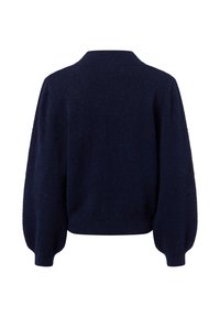 Navyblauwe gebreide trui met een ronde kraag, ballonmouwen en een geribbelde zoom. Zachte textuur met een iets harig uiterlijk.