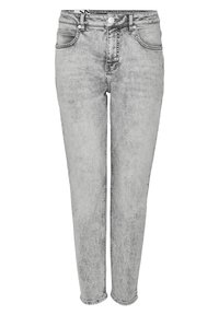Jean en denim gris clair délavé à l'acide avec cinq poches, fermeture à boutons et passants pour ceinture, présenté de face sur un fond blanc.